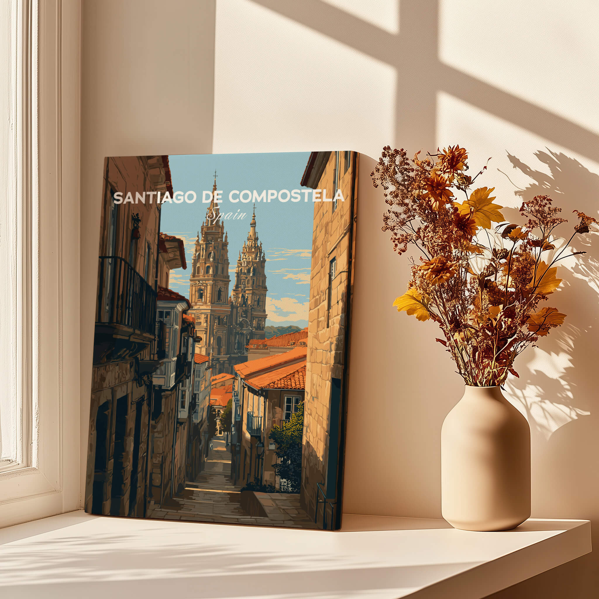 Santiago de Compostela Spain Cobblestone Street View Print | Galician Home Decor in a sunlit room with flowers.