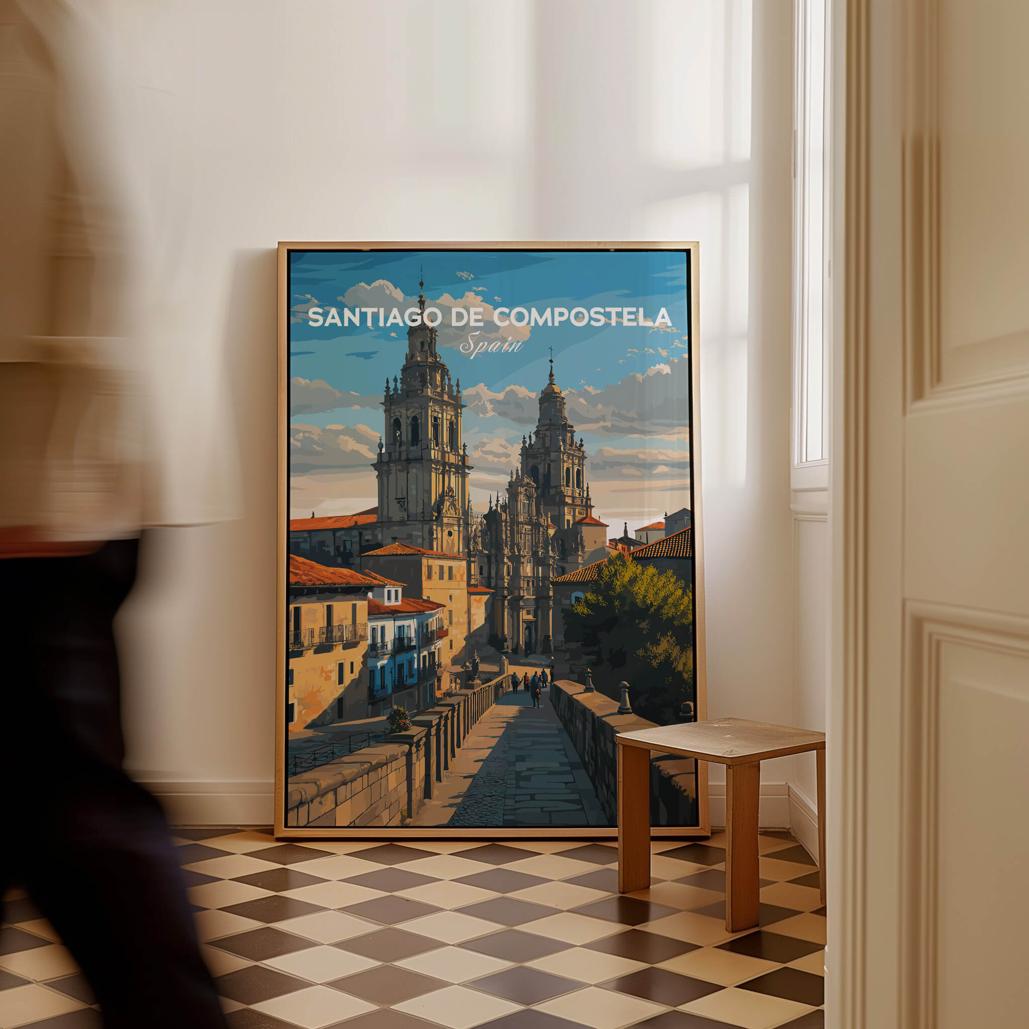 Santiago de Compostela Obradoiro Square View Print | Spanish Religious Art displayed in a beautifully designed interior.