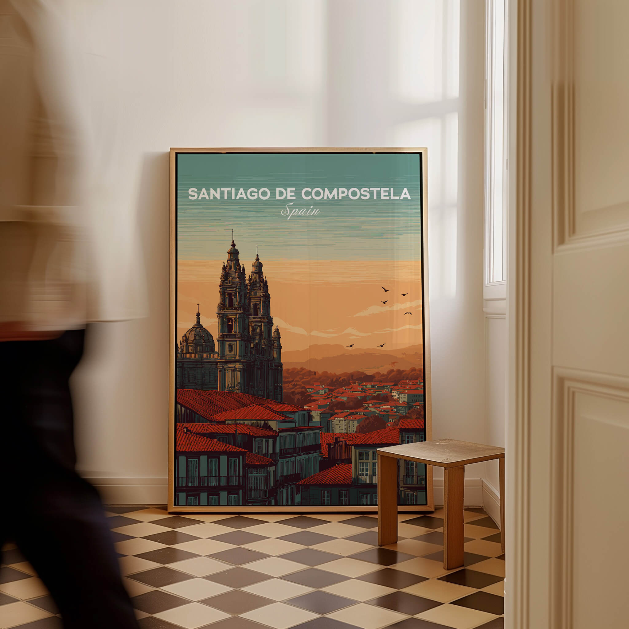 Santiago de Compostela Skyline Print | Spanish Travel Wall Decor displayed in a stylish interior setting.