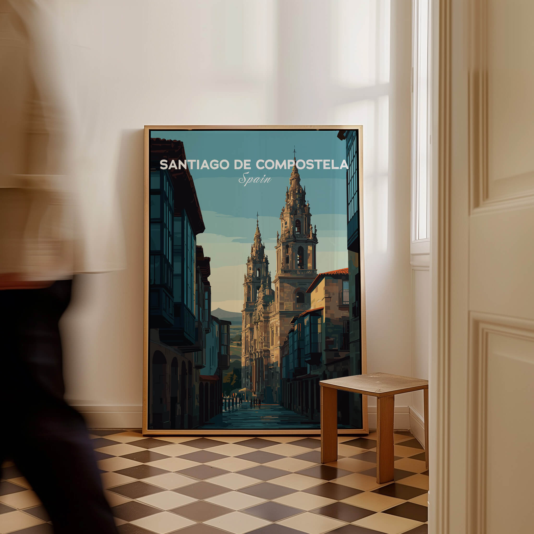 Santiago de Compostela Galician Old Town Architecture Print | Camino Wall Decor framed print in a stylish interior setting.