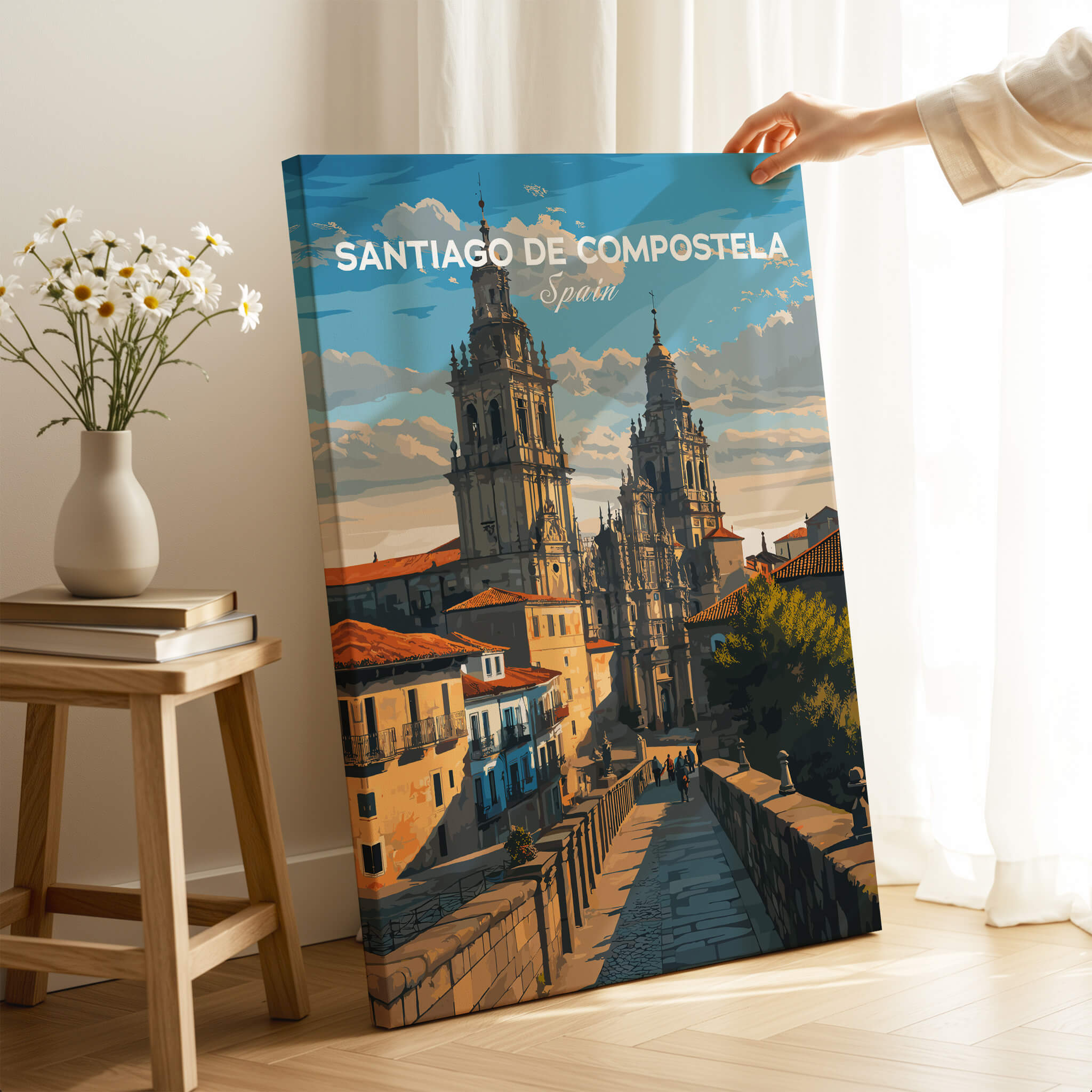Santiago de Compostela Obradoiro Square View Print | Spanish Religious Art displayed in a cozy home setting.