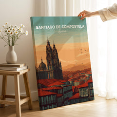 Santiago de Compostela Skyline Print | Spanish Travel Wall Decor showcasing the city's iconic skyline in warm colors.