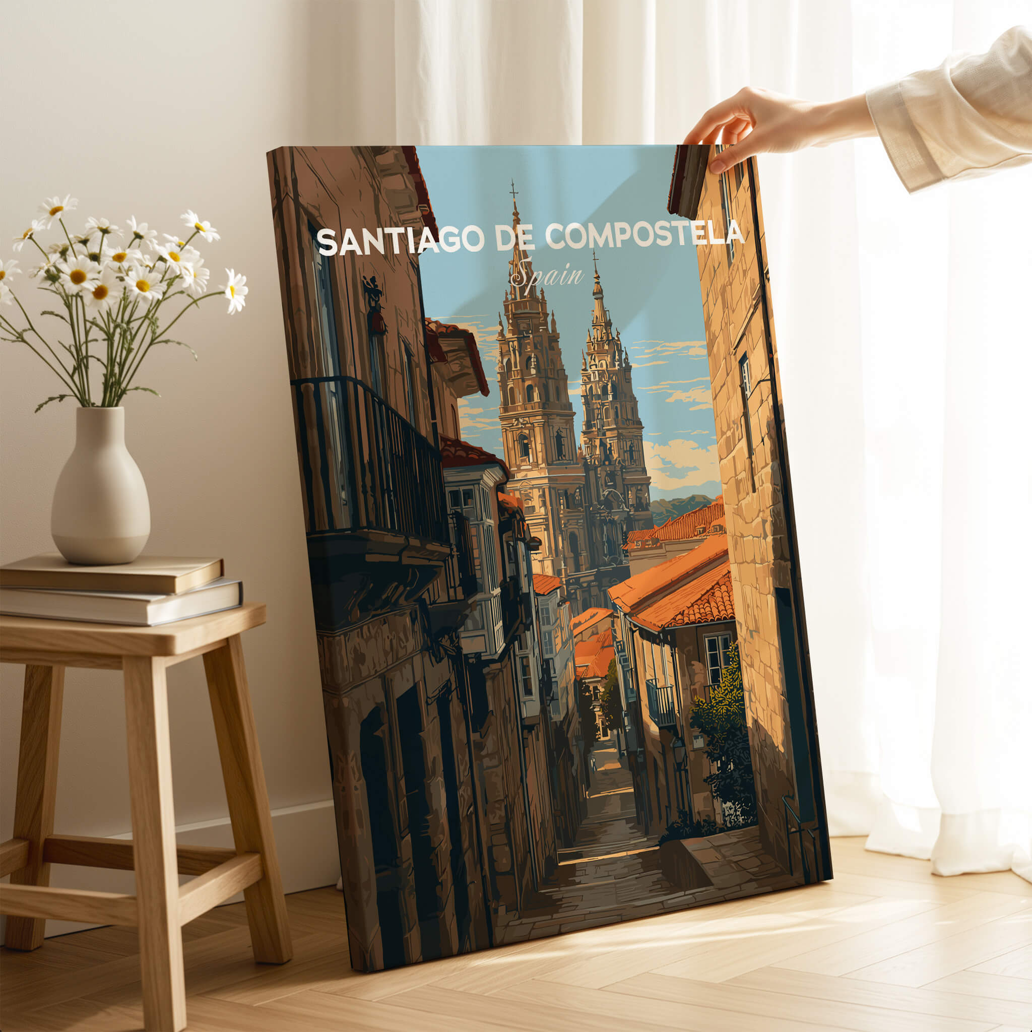 Santiago de Compostela Spain Cobblestone Street View Print | Galician Home Decor showcasing historic architecture.