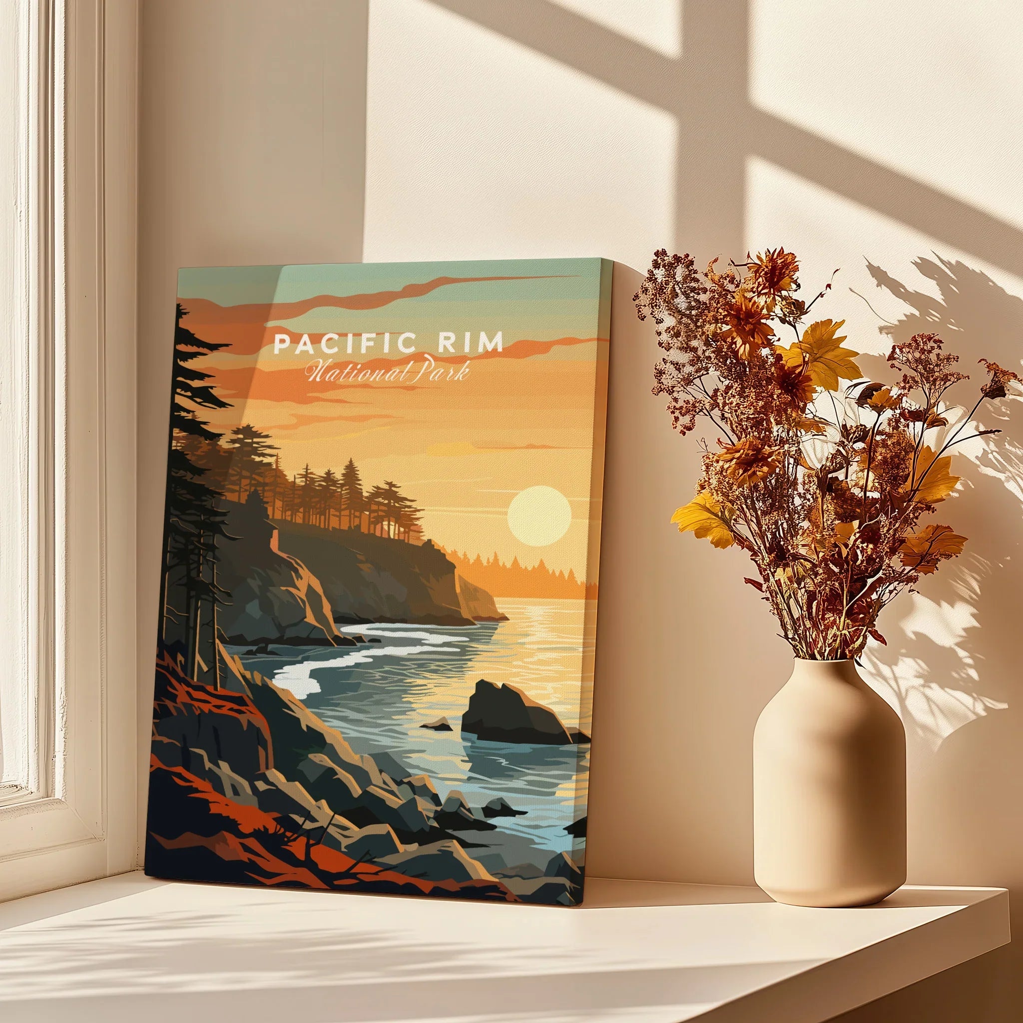 Pacific Rim National Park wall art print with sunset ocean view on windowsill beside vase of dried flowers