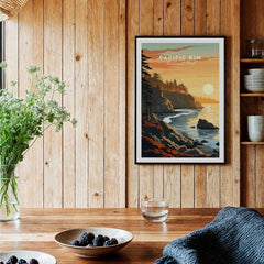 Framed Pacific Rim National Park art print on wooden wall in cozy kitchen setting
