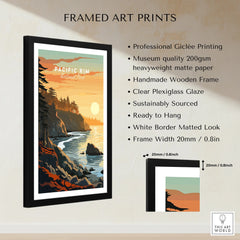 Framed Pacific Rim National Park art print with sunset coastal landscape, matte paper, black frame