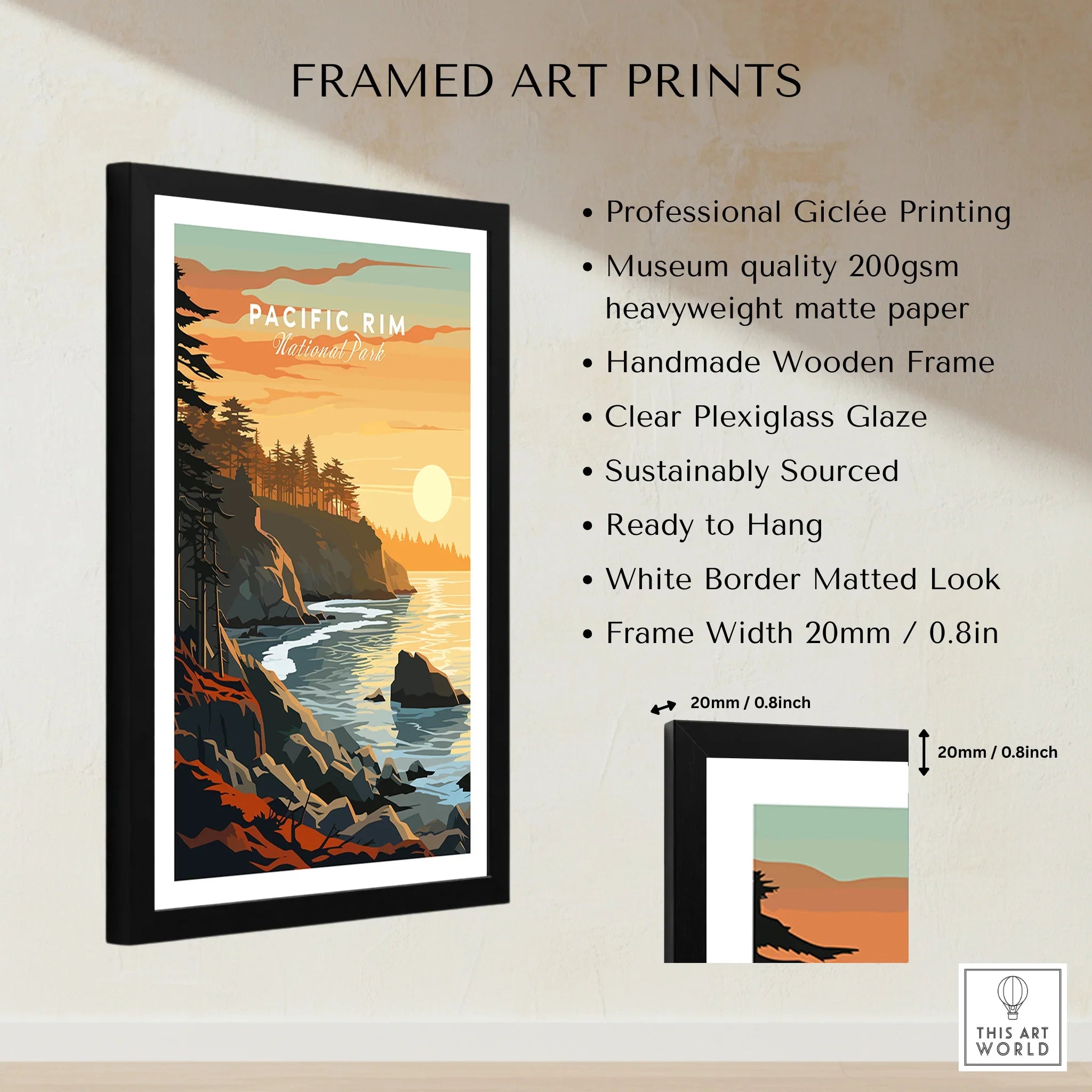 Framed Pacific Rim National Park art print with sunset coastal landscape, matte paper, black frame