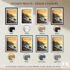 Pacific Rim wall art print with ocean sunset and trees, shown in 8 frame color options.
