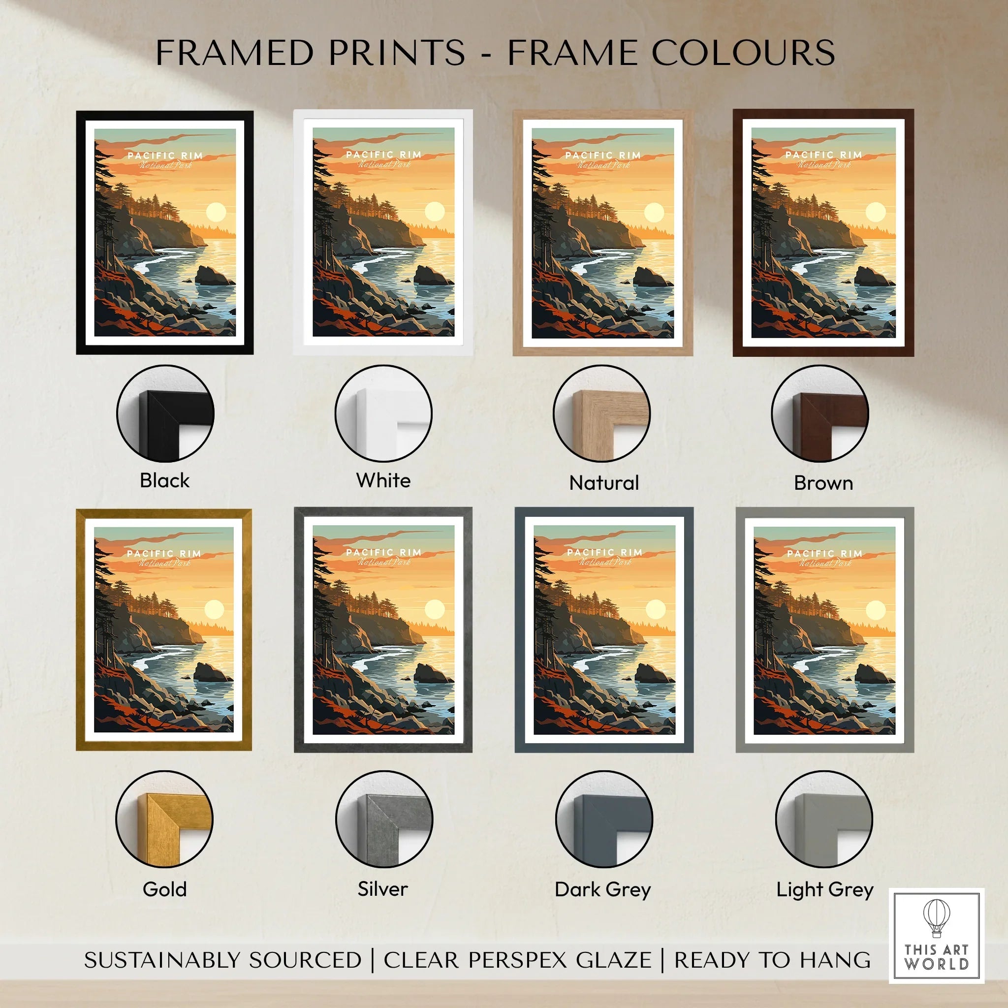 Pacific Rim wall art print with ocean sunset and trees, shown in 8 frame color options.