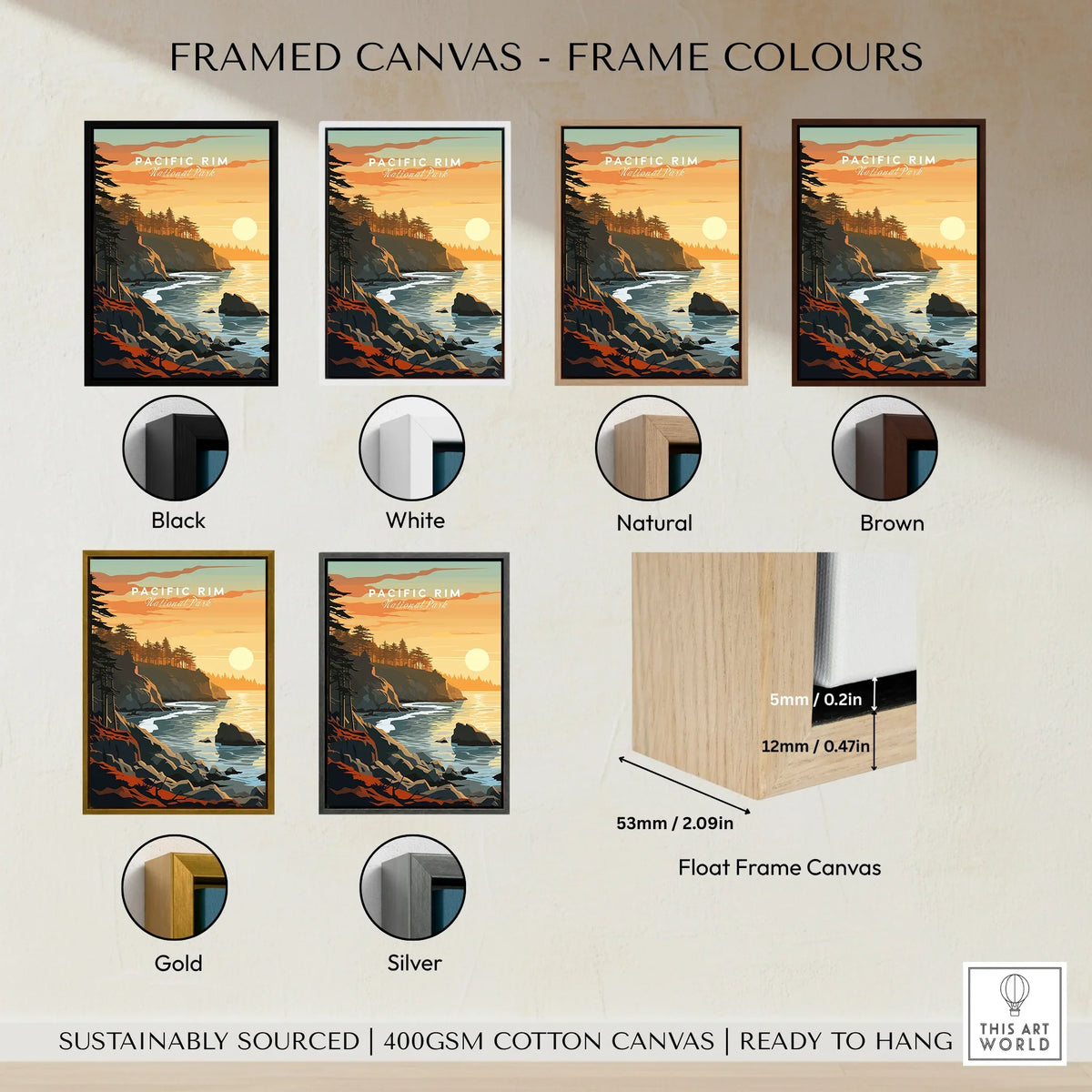 Framed Pacific Rim wall art print with six frame color options: black, white, natural, brown, gold, silver.