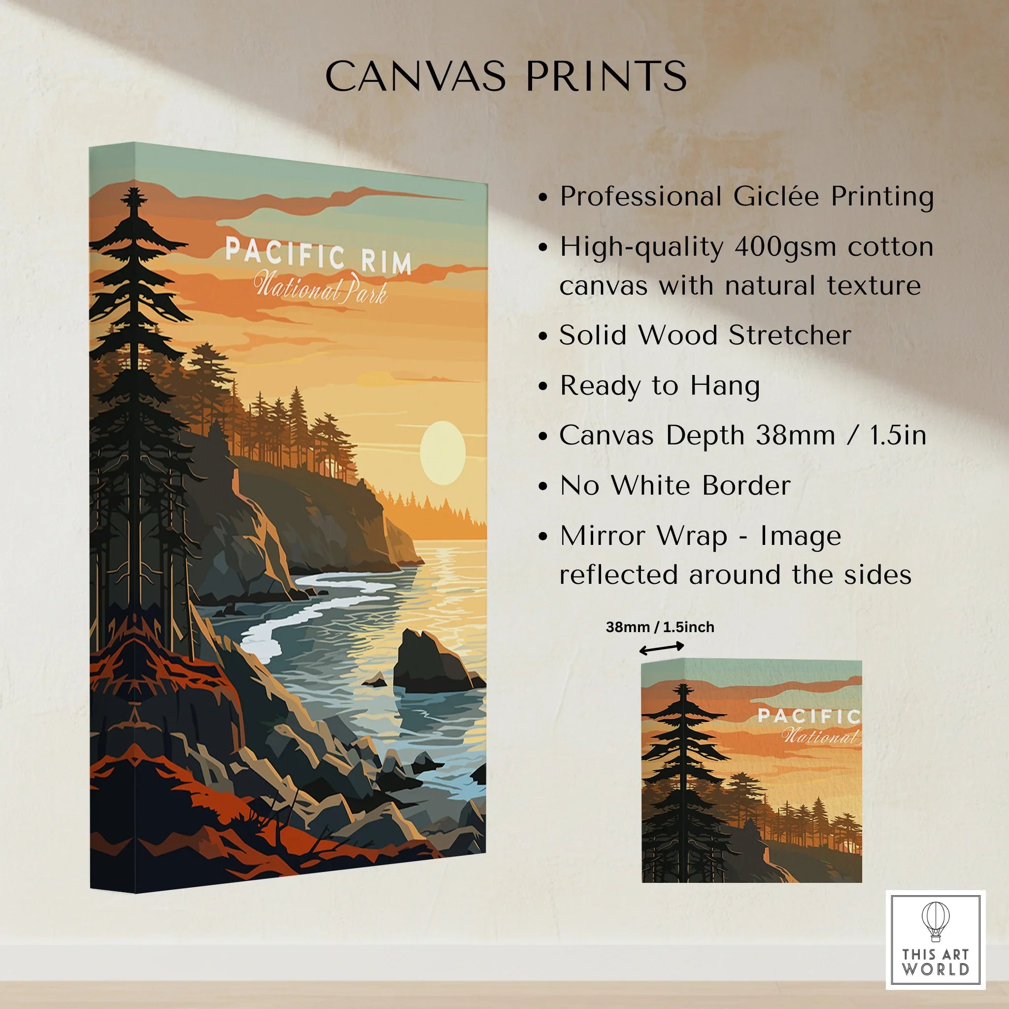 Pacific Rim National Park canvas print with sunset coastal landscape, pine trees, and rocky cliffs.