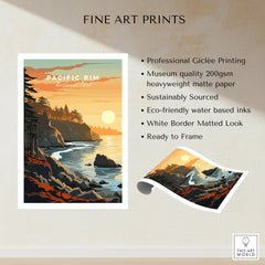 Pacific Rim National Park art print with sunset coastal cliffs and pine trees, unframed.