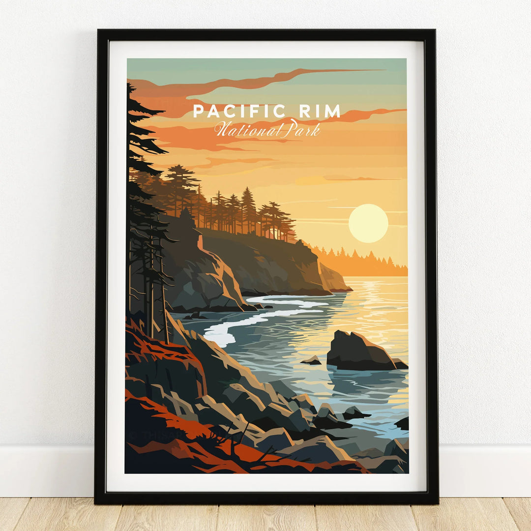 Pacific Rim National Park art print in black frame on wooden floor, coastal landscape at sunset