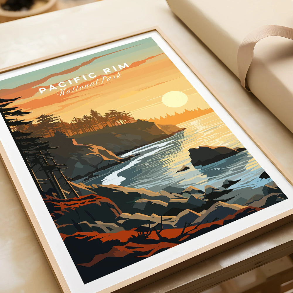Framed Pacific Rim National Park art print with coastal sunset and pine trees, unwrapped as a gift.