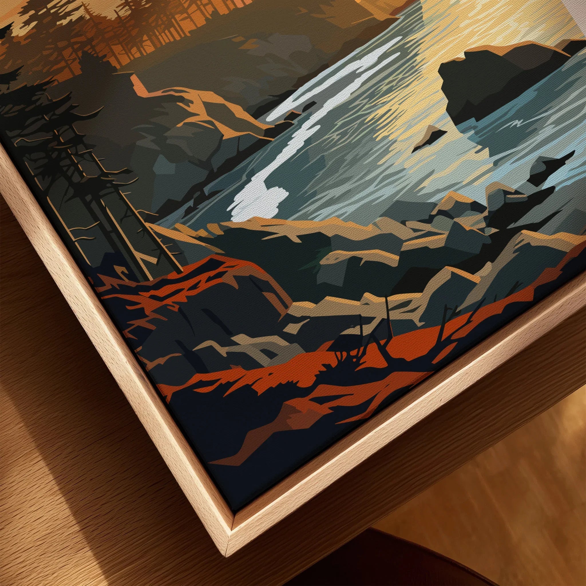 Close-up of Pacific Coast landscape wall art in natural wood floating frame