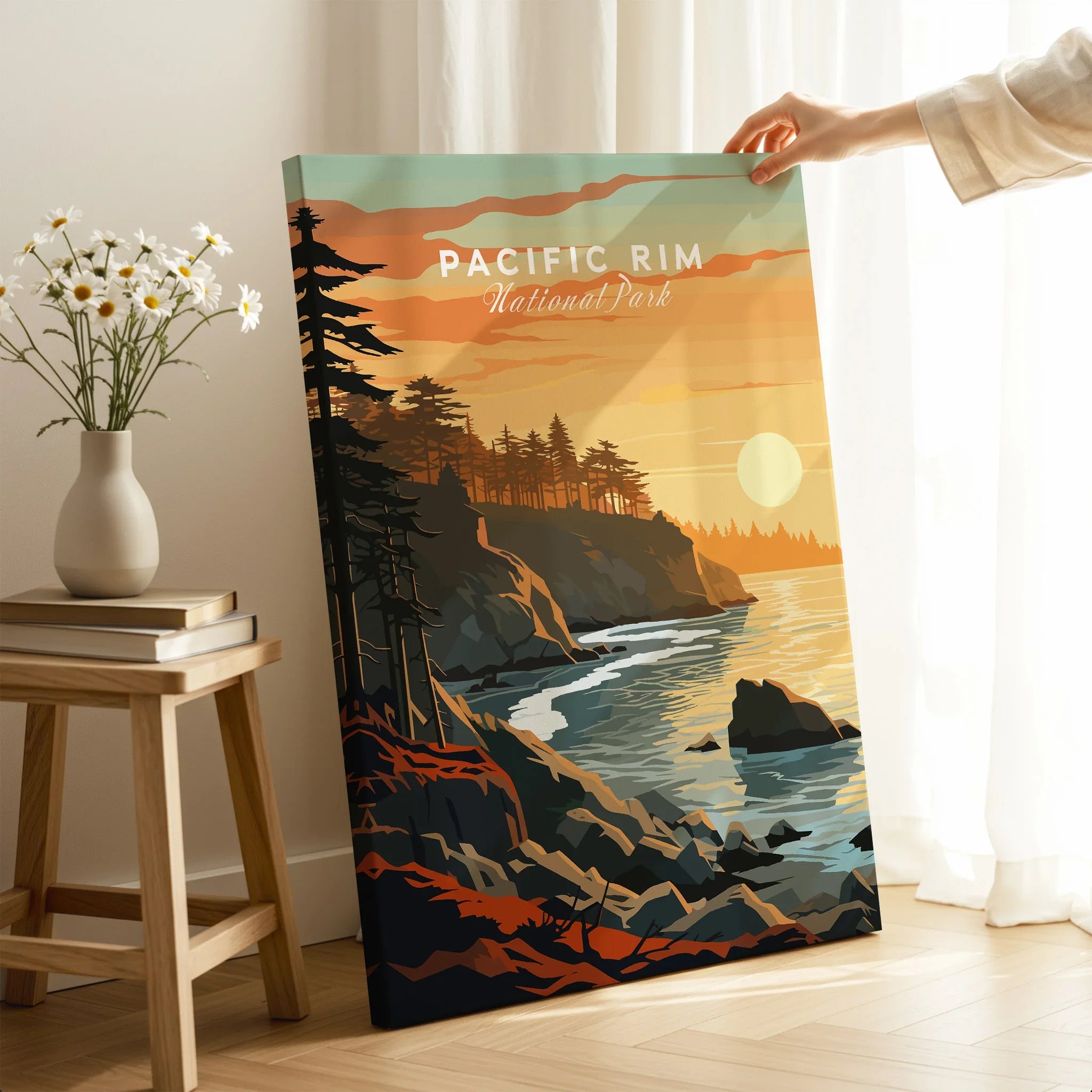Pacific Rim National Park art print with coastal sunset, held in modern room decor