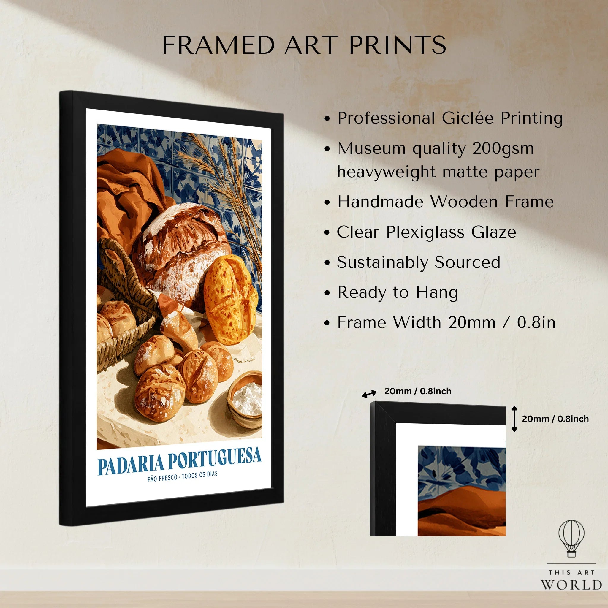 Portuguese Padaria Bakery Wall Art - framed print details measurements quality details