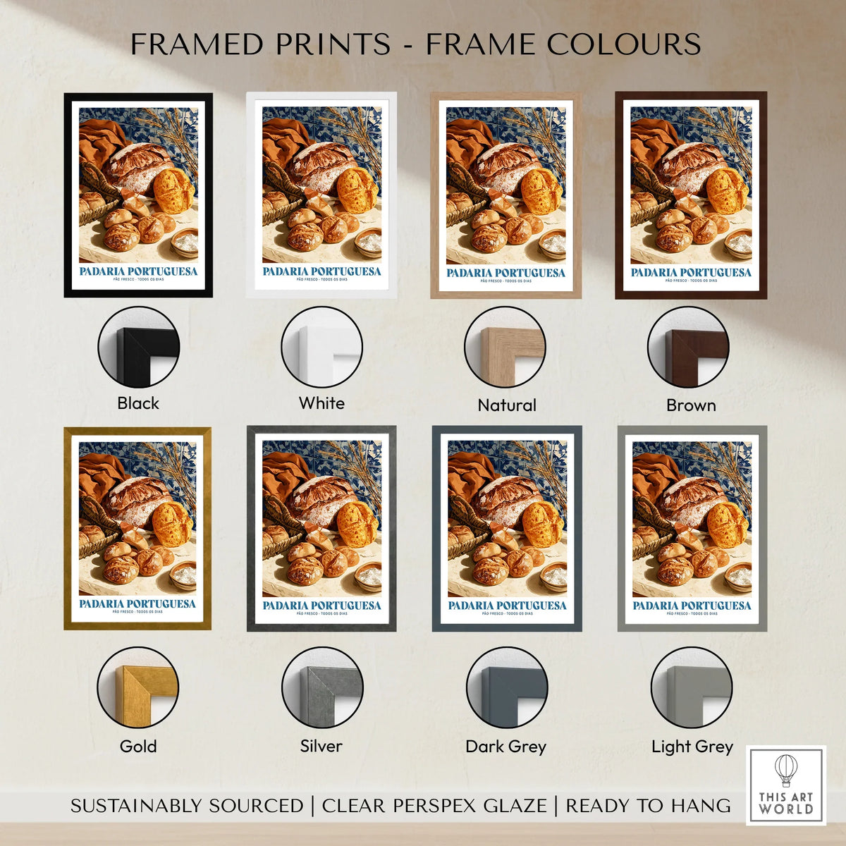 Portuguese Padaria Bakery Wall Art - framed print colour options