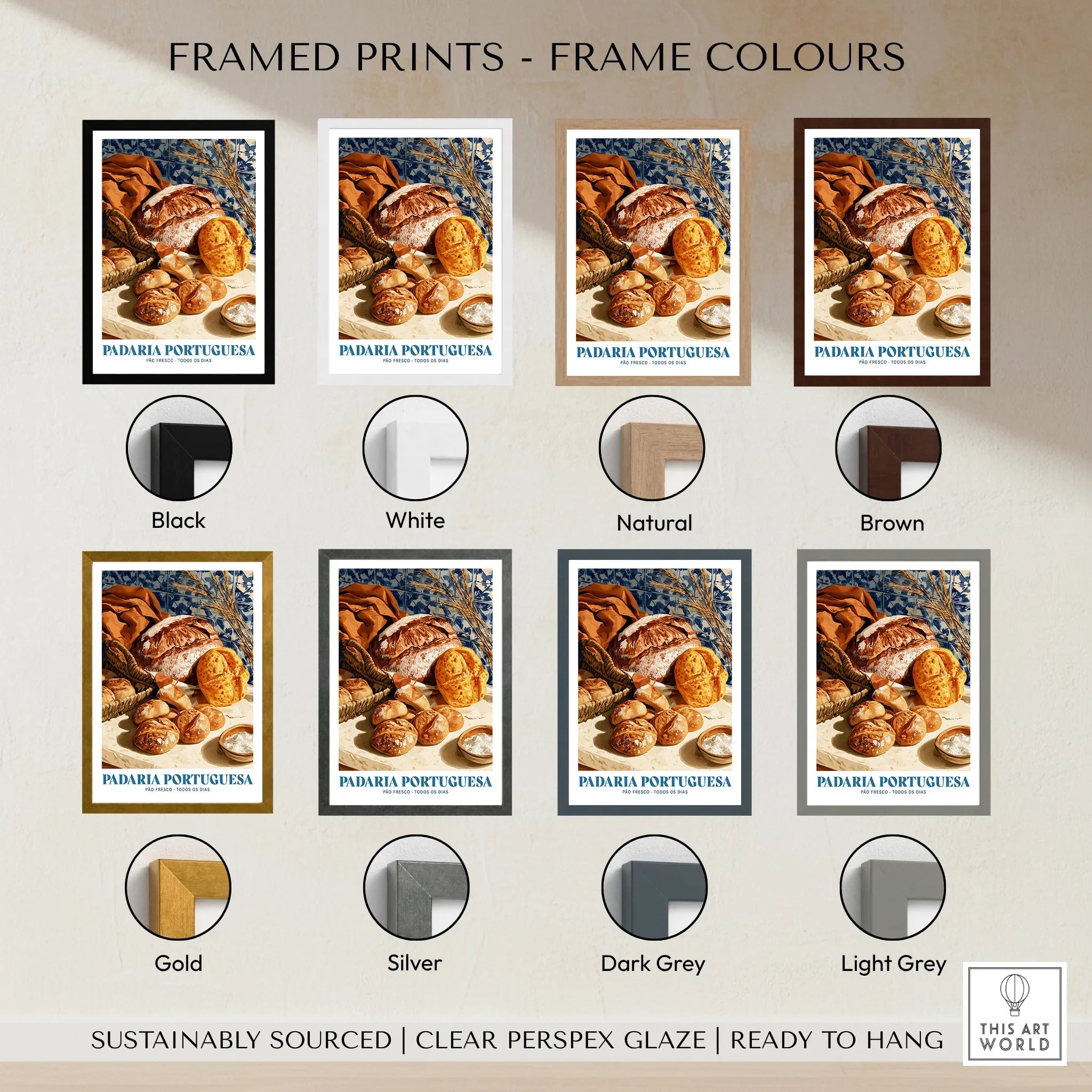 Portuguese Padaria Bakery Wall Art - framed print colour options