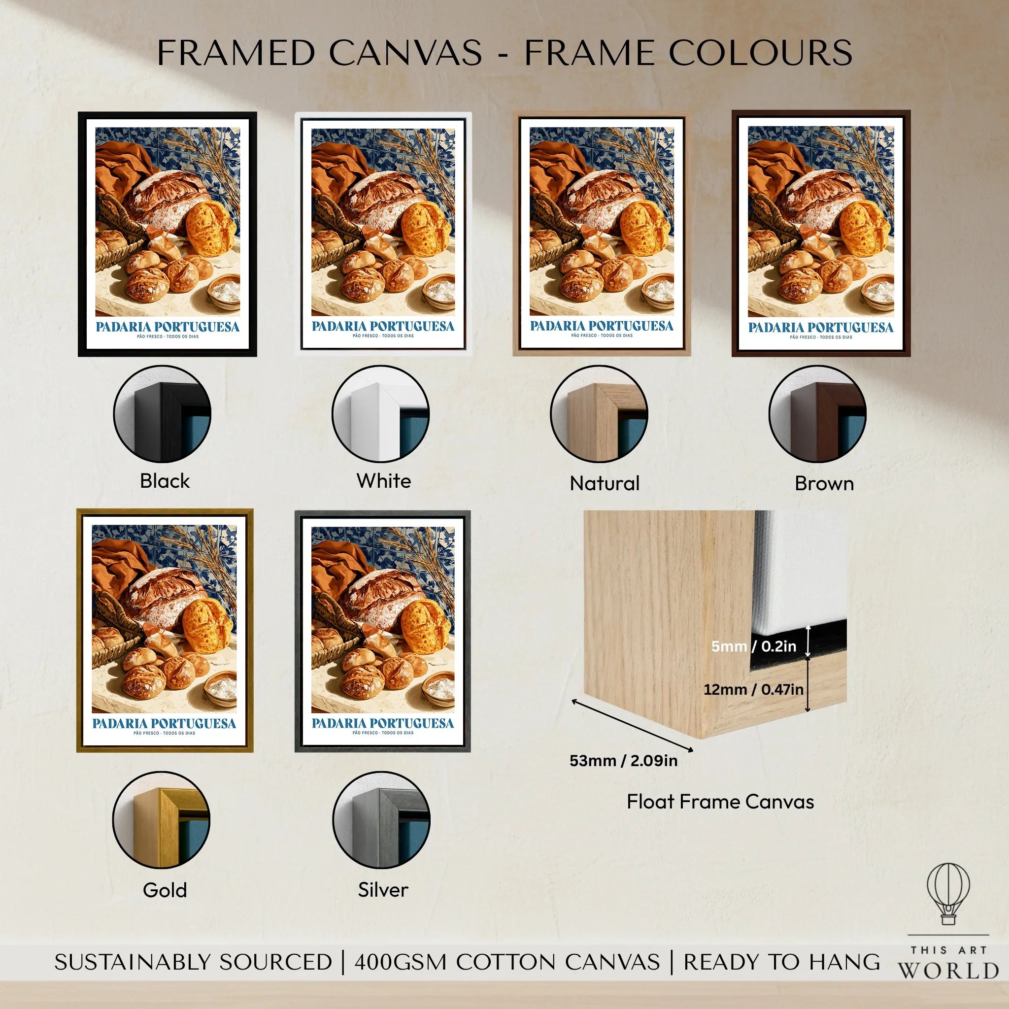 Portuguese Padaria Bakery Wall Art - framed canvas float frame colour options