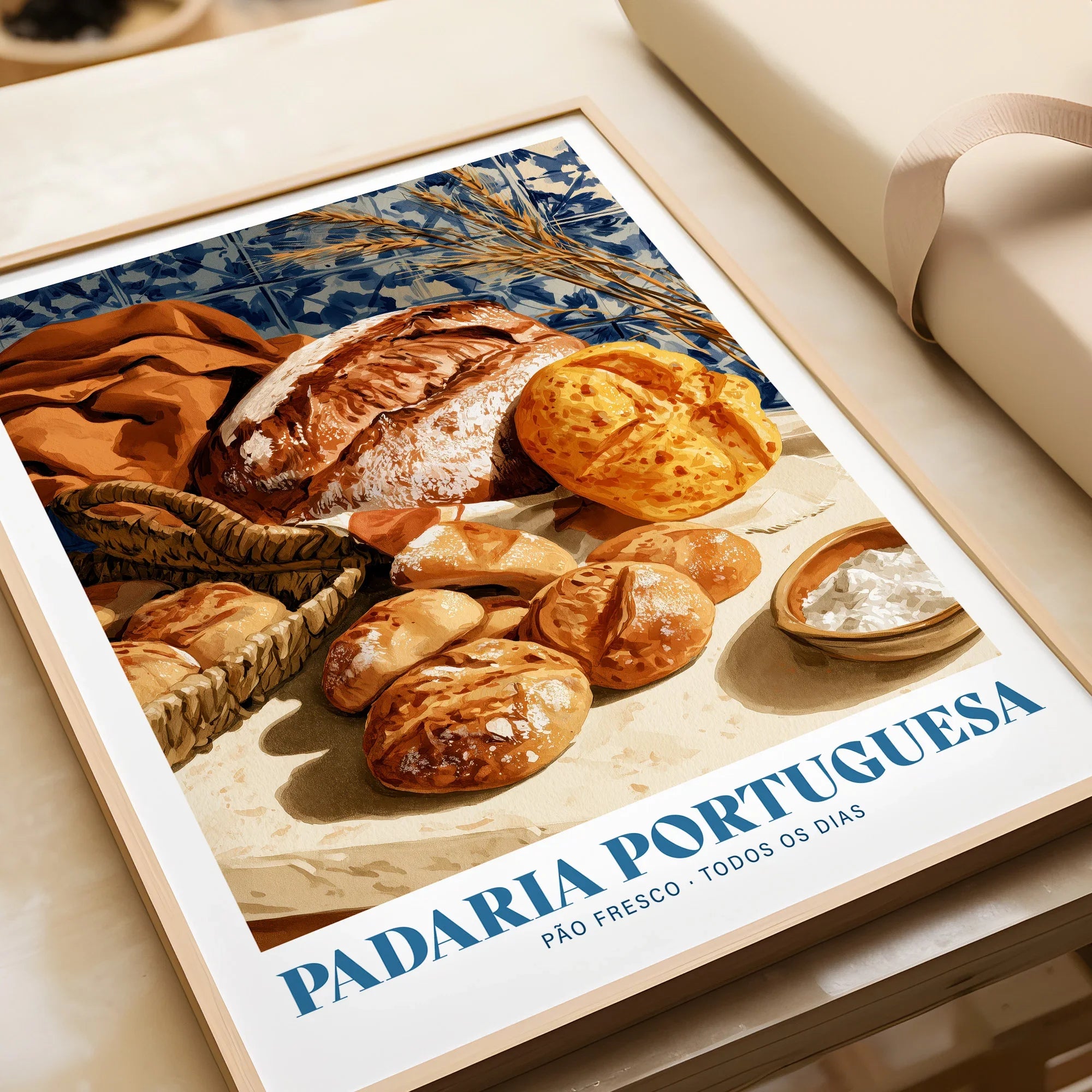 Portuguese Padaria Bakery Wall Art - framed art print closeup gift unwrapped natural frame