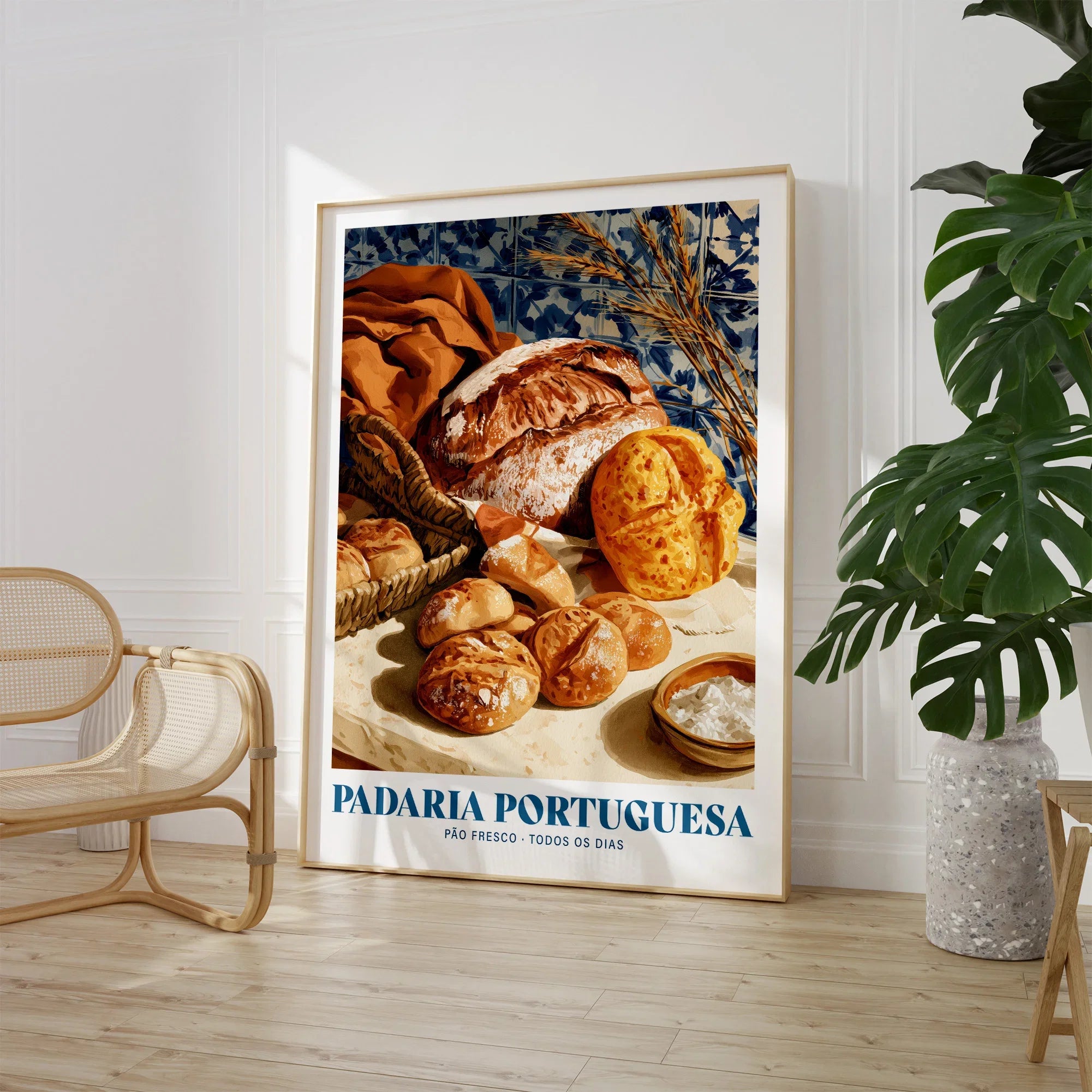 Portuguese Padaria Bakery Wall Art - large framed print room setting chair plant