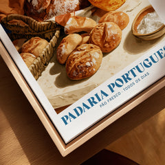 Portuguese Padaria Bakery Wall Art - closeup framed canvas natural wood floating frame