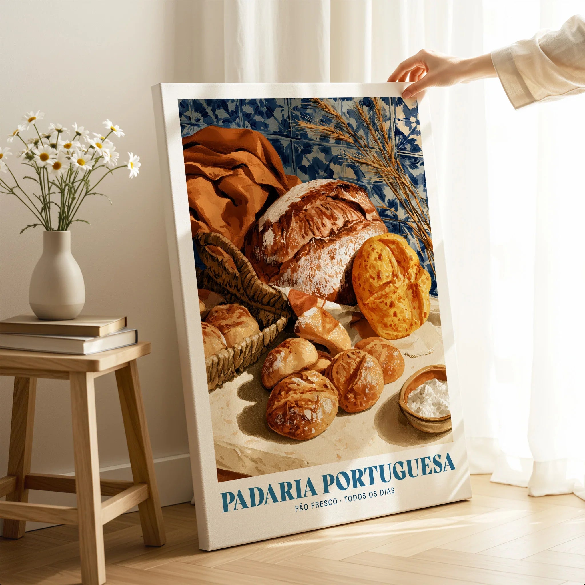 Portuguese Padaria Bakery Wall Art - canvas print mirror edge hand holding room setting
