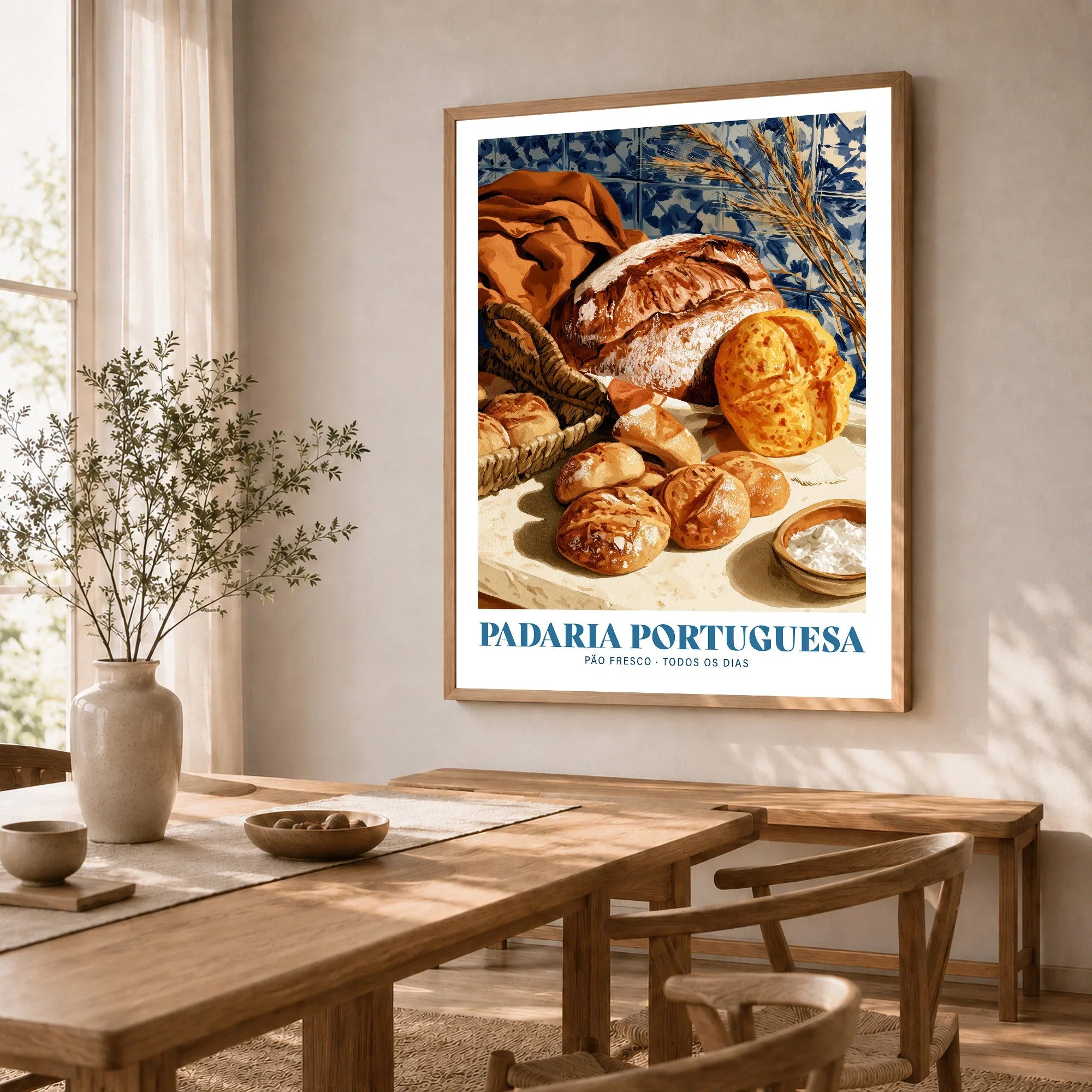 Portuguese Padaria Bakery Wall Art - dining room framed print natural wood frame mockup ThisArtWorld