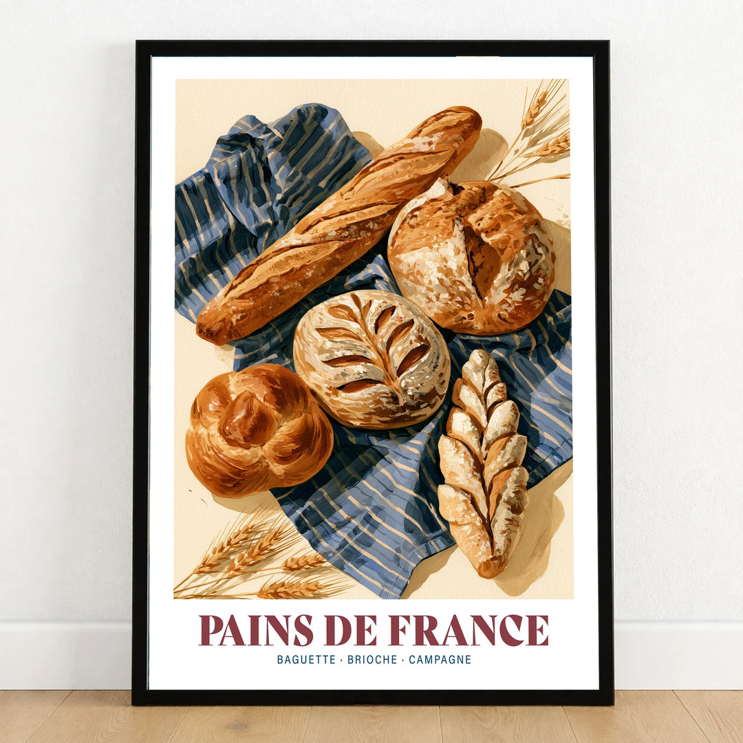 French Bread Chart Kitchen Wall Art - art print in black frame on wooden floor