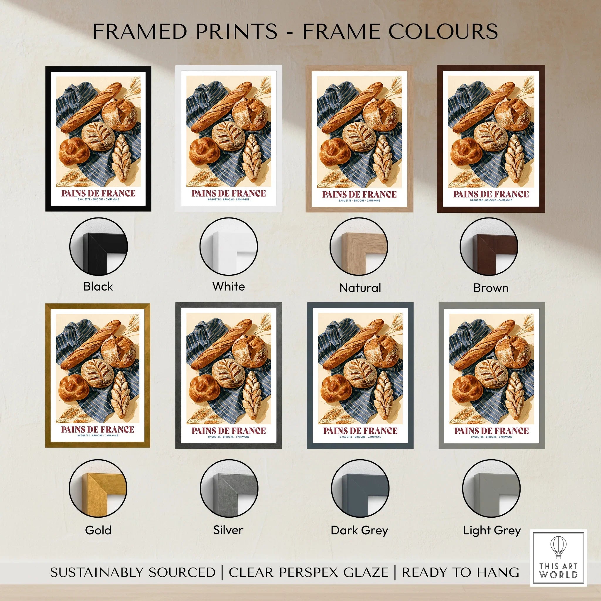 French Bread Chart Kitchen Wall Art - framed print colour options