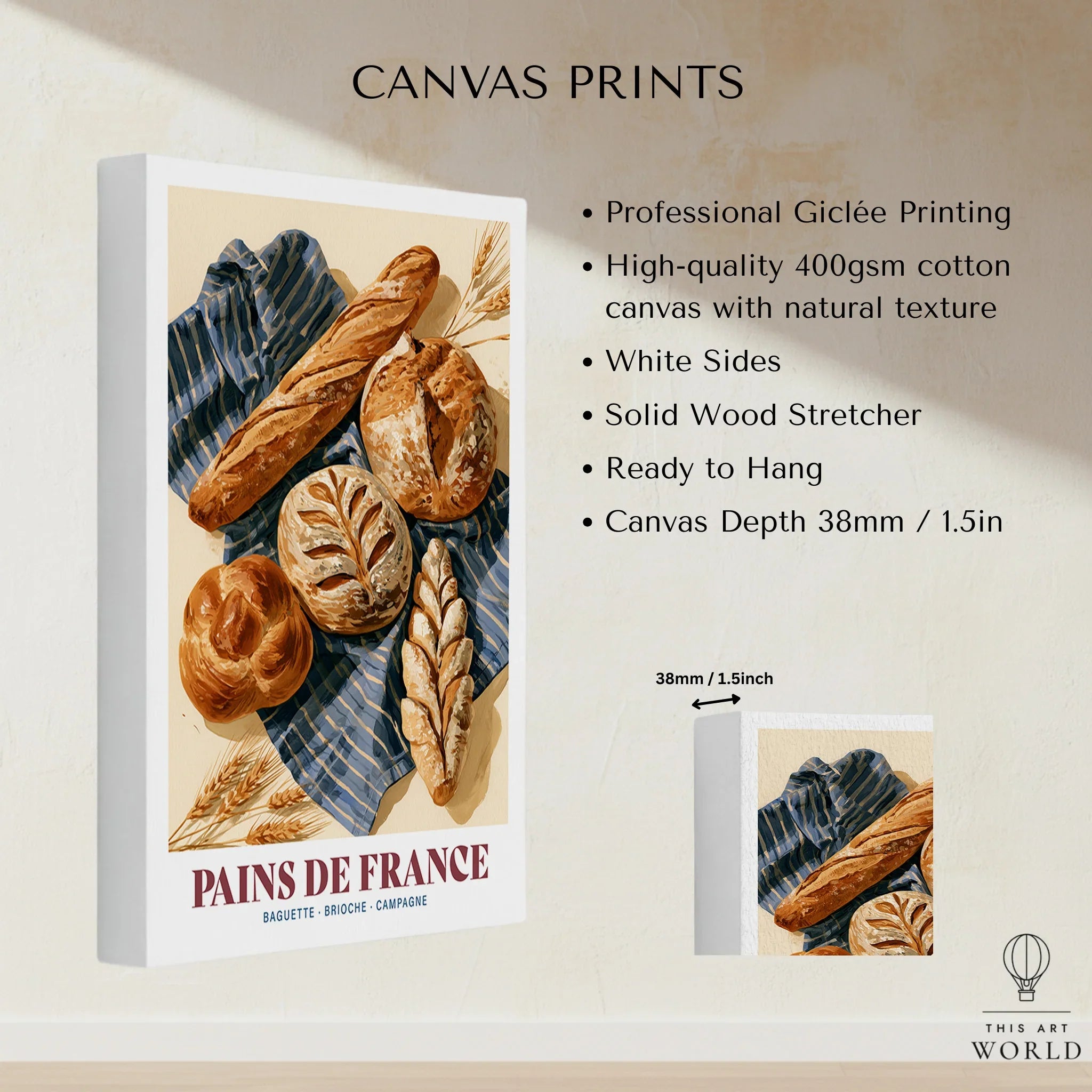 French Bread Chart Kitchen Wall Art - canvas print stretched cotton canvas details