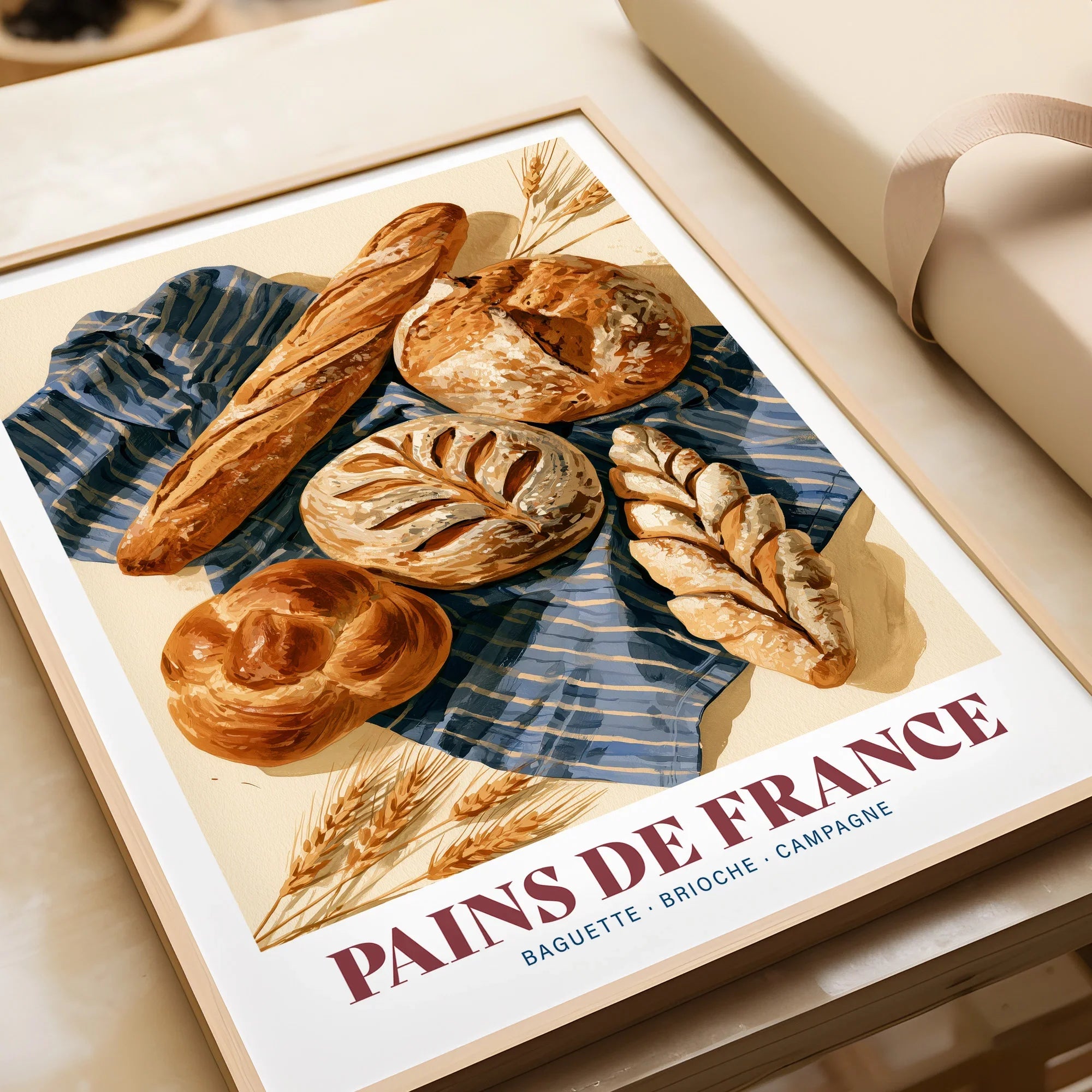 French Bread Chart Kitchen Wall Art - framed art print closeup gift unwrapped natural frame