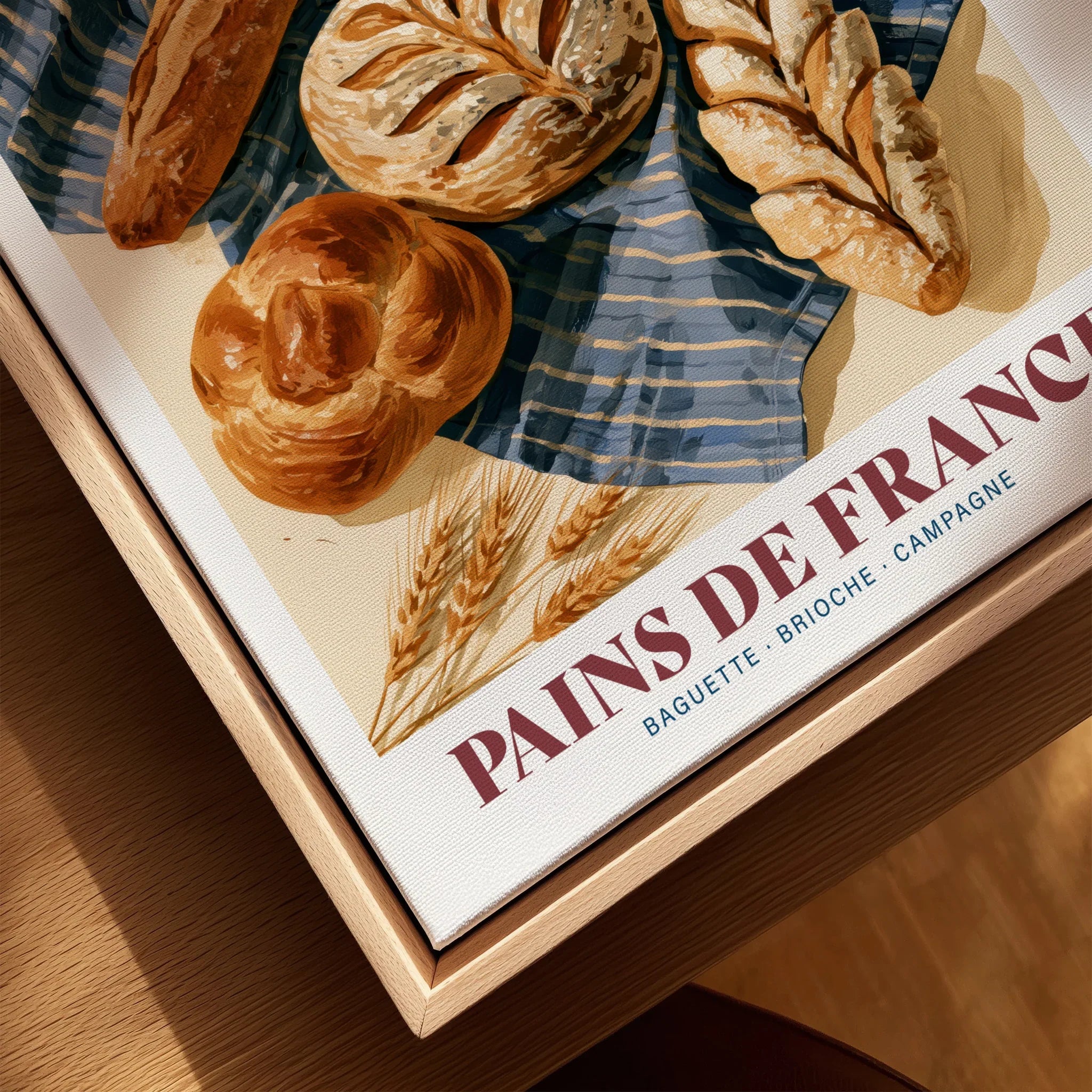 French Bread Chart Kitchen Wall Art - closeup framed canvas natural wood floating frame