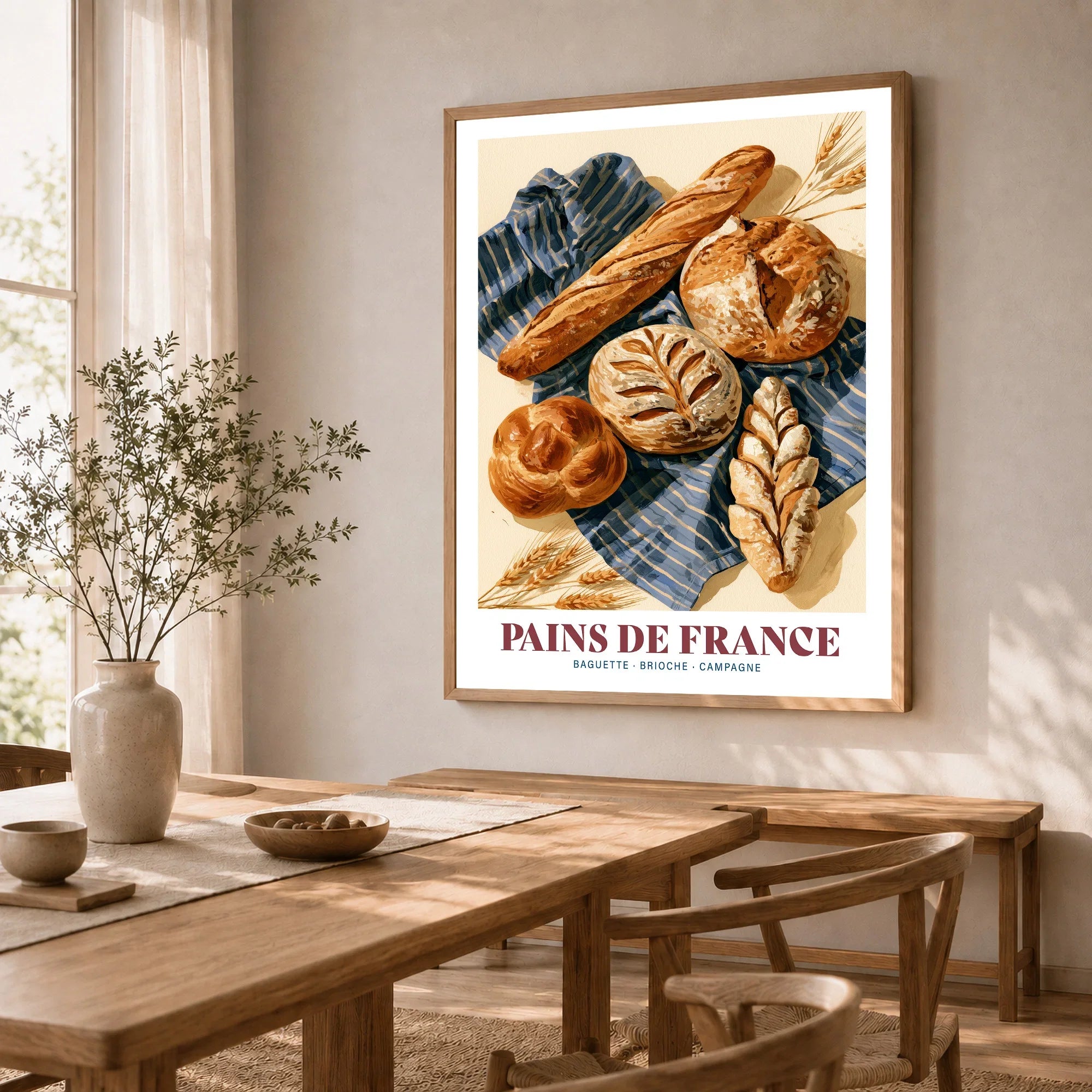French Bread Chart Kitchen Wall Art - dining room framed print natural wood frame mockup ThisArtWorld