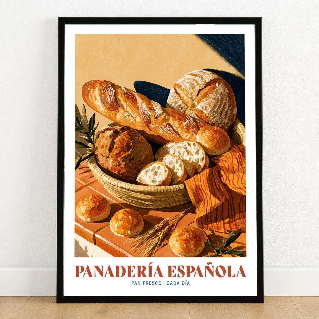 Spanish Panaderia Bakery Wall Art - art print in black frame on wooden floor