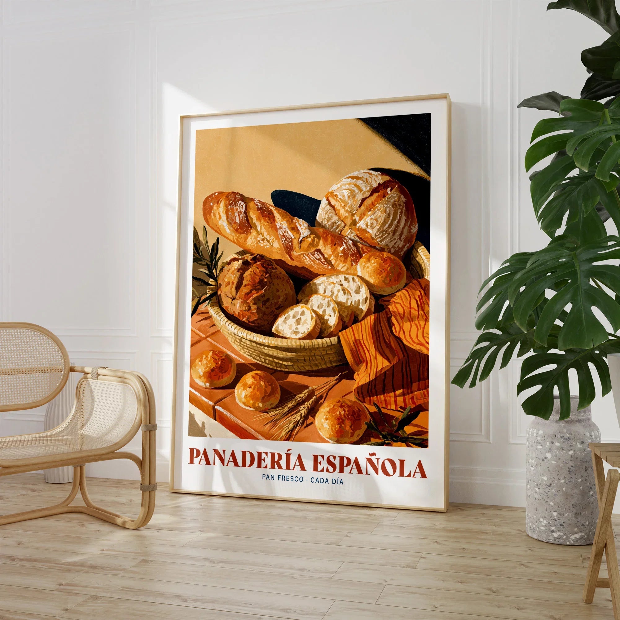 Spanish Panaderia Bakery Wall Art - large framed print room setting chair plant