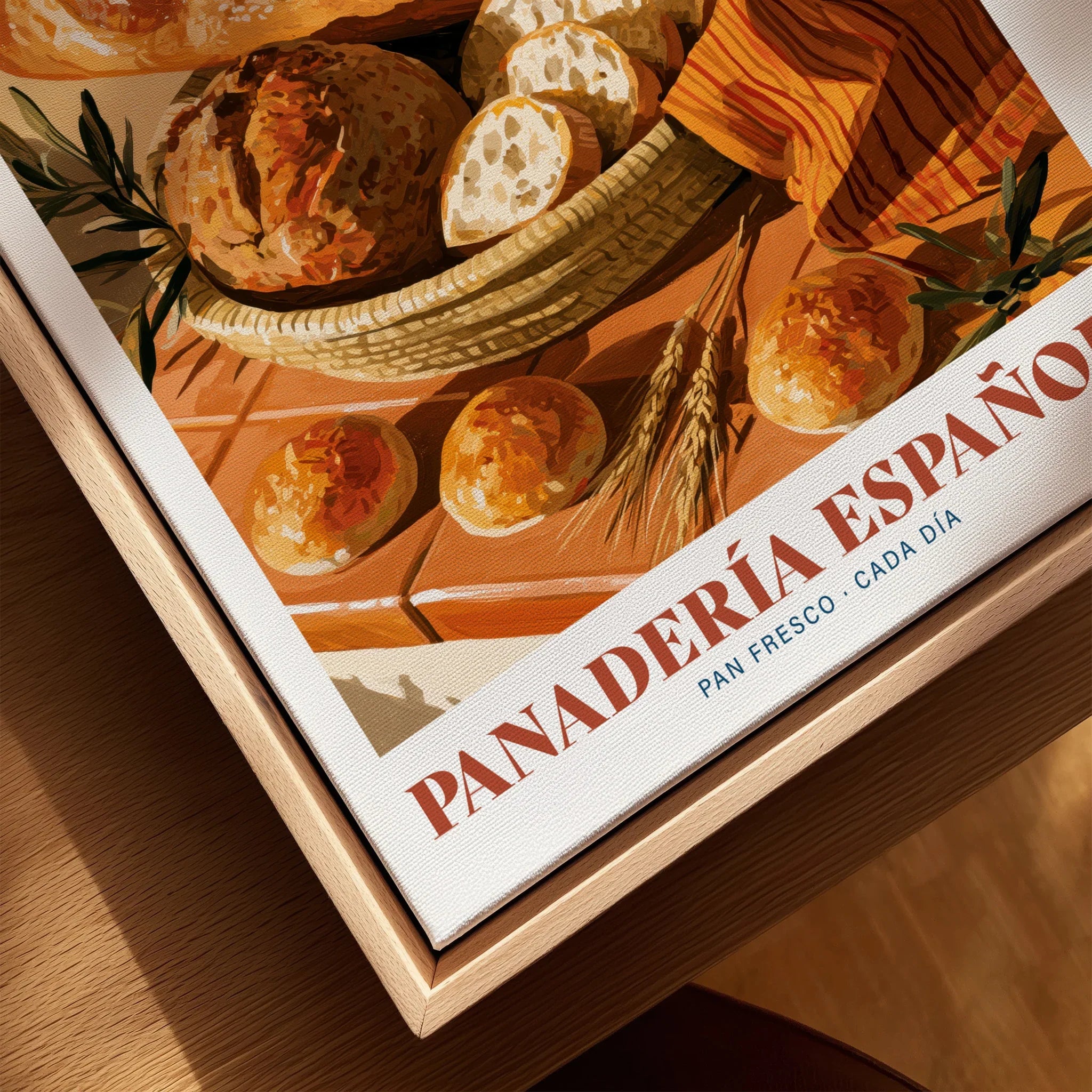 Spanish Panaderia Bakery Wall Art - closeup framed canvas natural wood floating frame