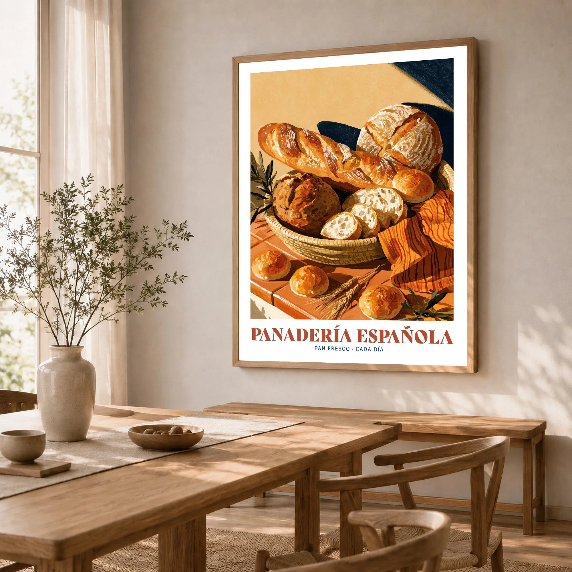 Spanish Panaderia Bakery Wall Art - dining room framed print natural wood frame mockup ThisArtWorld