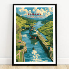 Panama Canal travel poster with ship navigating lush green hills and blue waters, Central America wall art