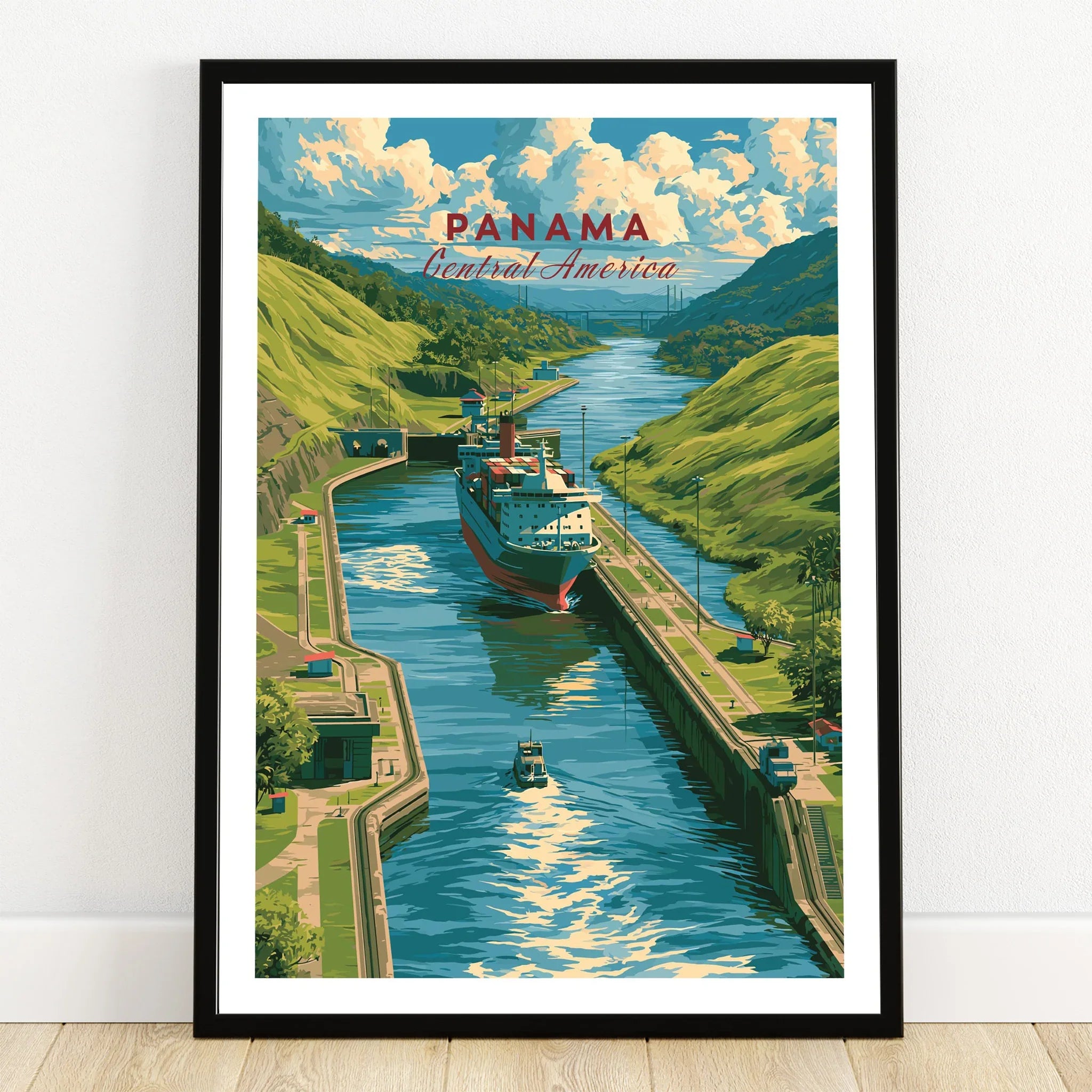 Panama Canal travel poster with ship navigating lush green hills and blue waters, Central America wall art