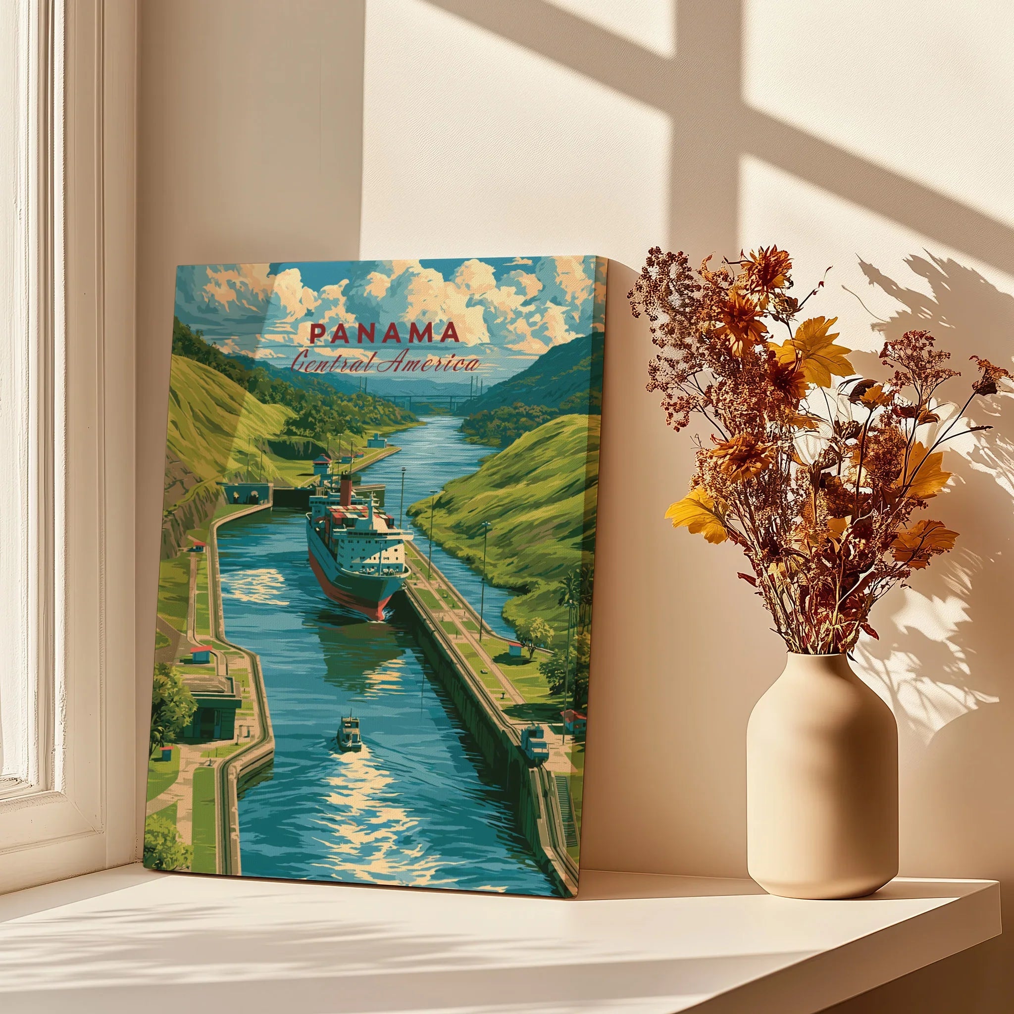 Panama Central America travel poster featuring canal, ships, and lush green hills for home decor