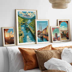 Travel posters of Paris, Panama, Copenhagen, Tokyo, and Barcelona for home decor wall art