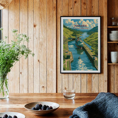 Panama Central America travel poster featuring canal, ships, and lush green hills for home decor