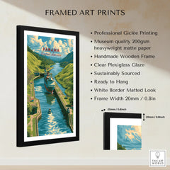 Panama Canal travel poster art print with framed wall decor, vibrant green hills and blue water
