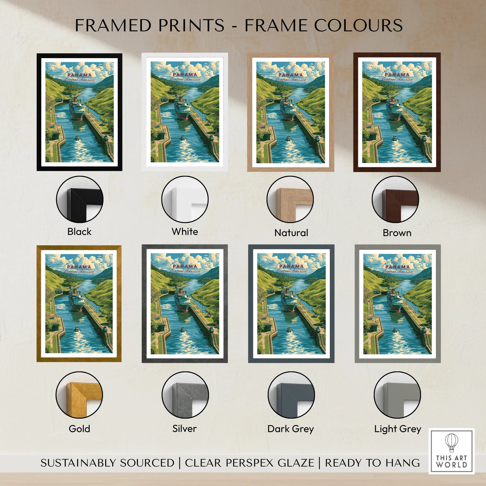 Panama Canal travel poster in various frame colors for home decor
