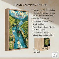 Panama Canal travel poster with ship navigating lush green hills, framed canvas wall art