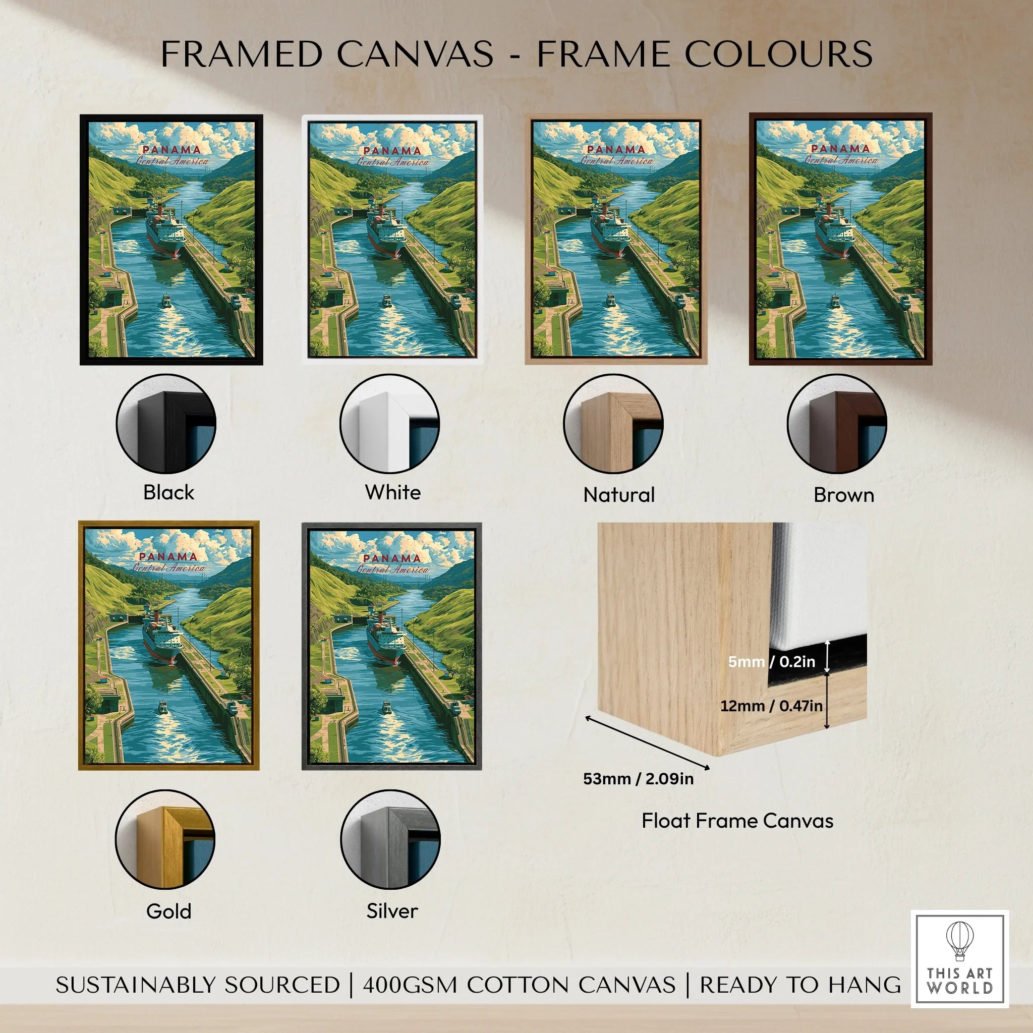 Panama Canal travel poster in various frame colors, sustainably sourced cotton canvas wall art