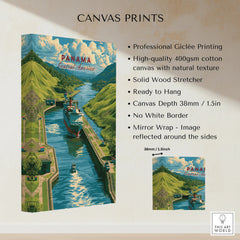 Panama Canal travel poster art with lush green hills and ships, ideal for home decor wall art