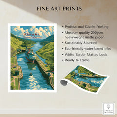 Panama Canal travel poster with ship navigating lush green hills, ideal for home decor wall art